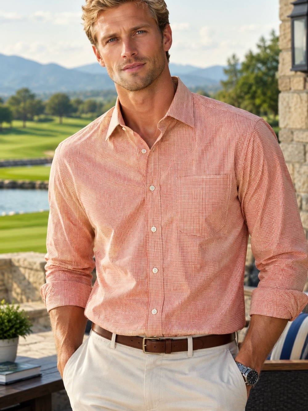 Bloomingdale's Men's Orange Micro-Check Button-Down Shirt